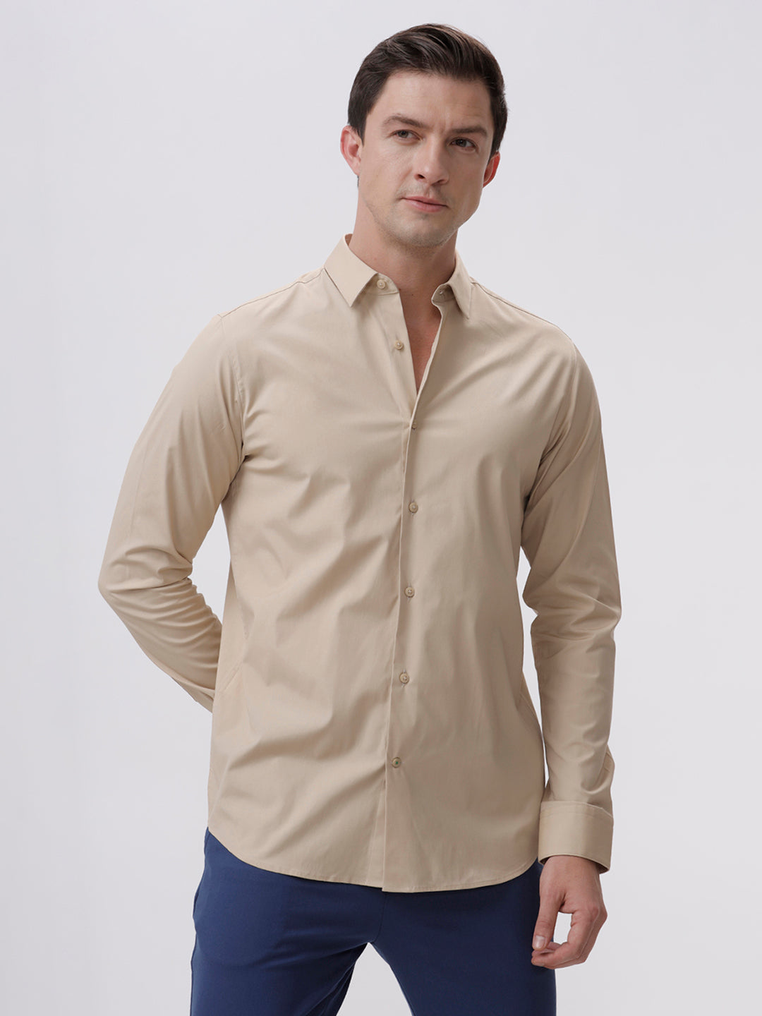 The Collection Men's Beige Slim Fit 100% Cotton Full Sleeves Semi-Formal Shirt