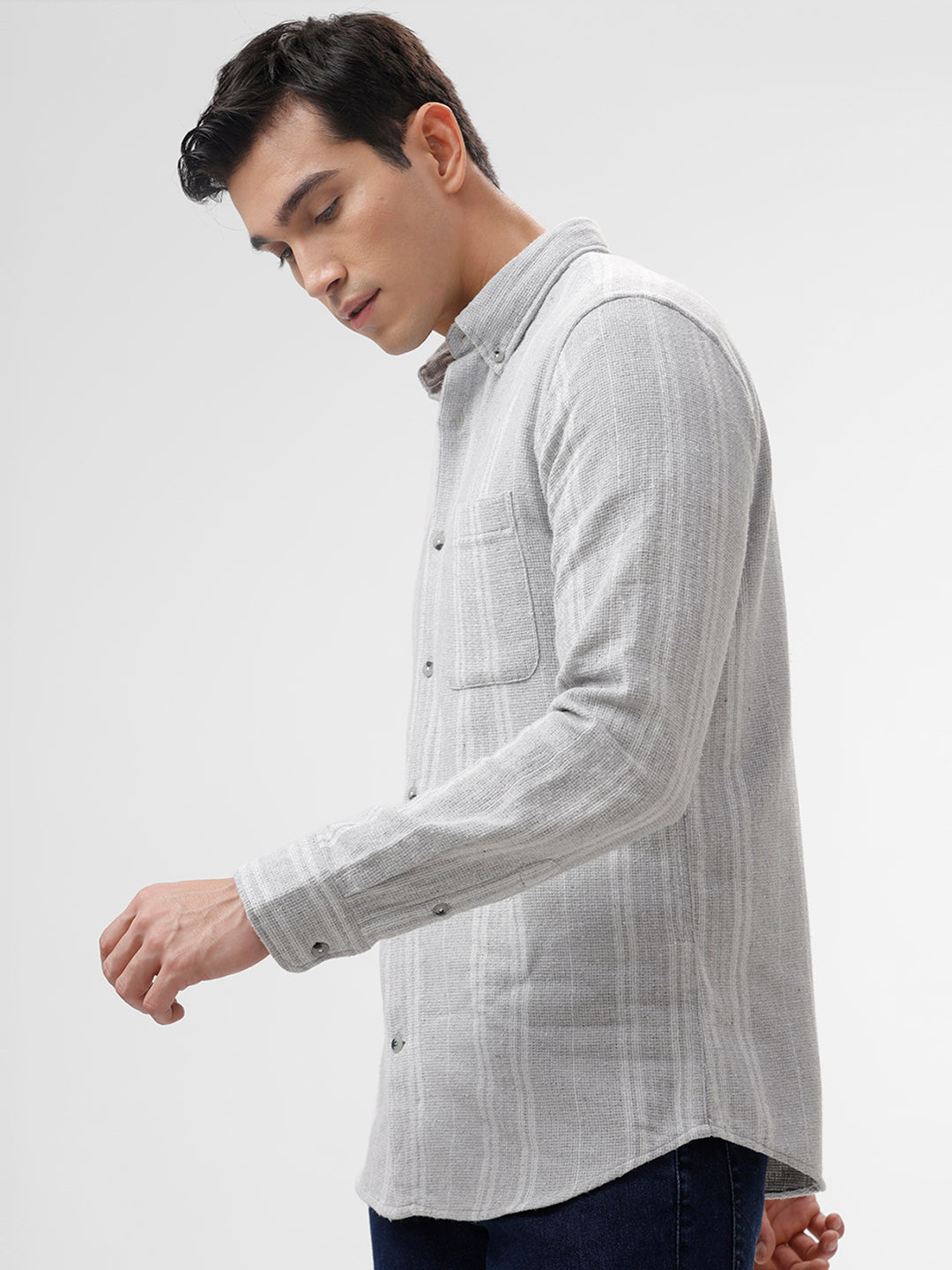 Men's Tuna White-Grey Striped Cotton Slim Fit Full Sleeves Spread Collar Casual Shirt